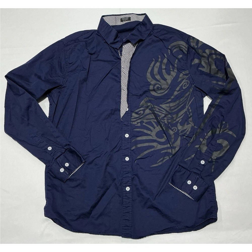 Coofandy Shirt Mens Medium Navy Blue Tribal Graphic Flip Cuff